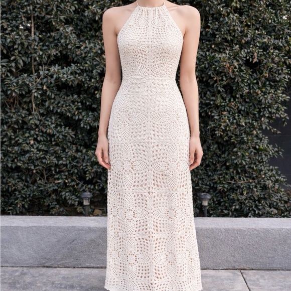 NEW House of Harlow 1960 Cream Beige Crochet Halter Maxi Dress Women Medium NWT